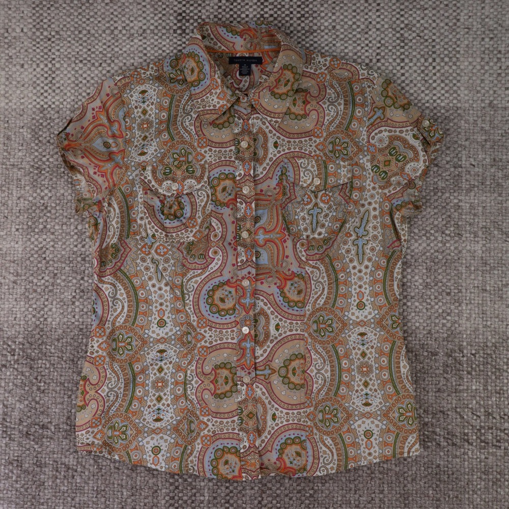 Tommy Hilfiger Womens Short Sleeve Paisley Button Down Shirt Cotton Orange M